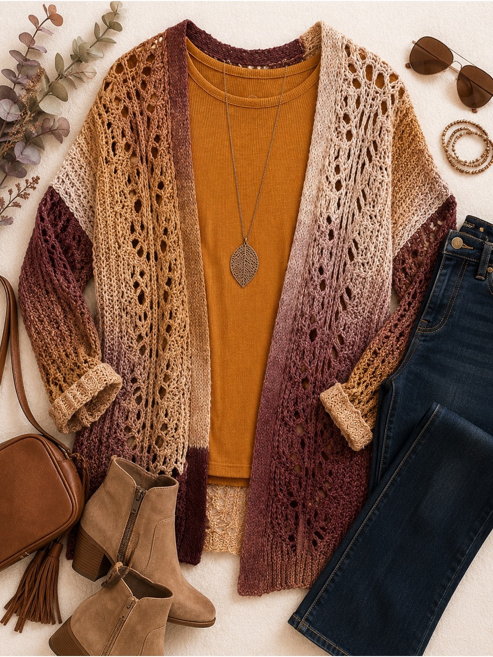 Maurices Ombré Open Knit Cardigan & Mustard Ribbed Tee Small Boho Layering Set